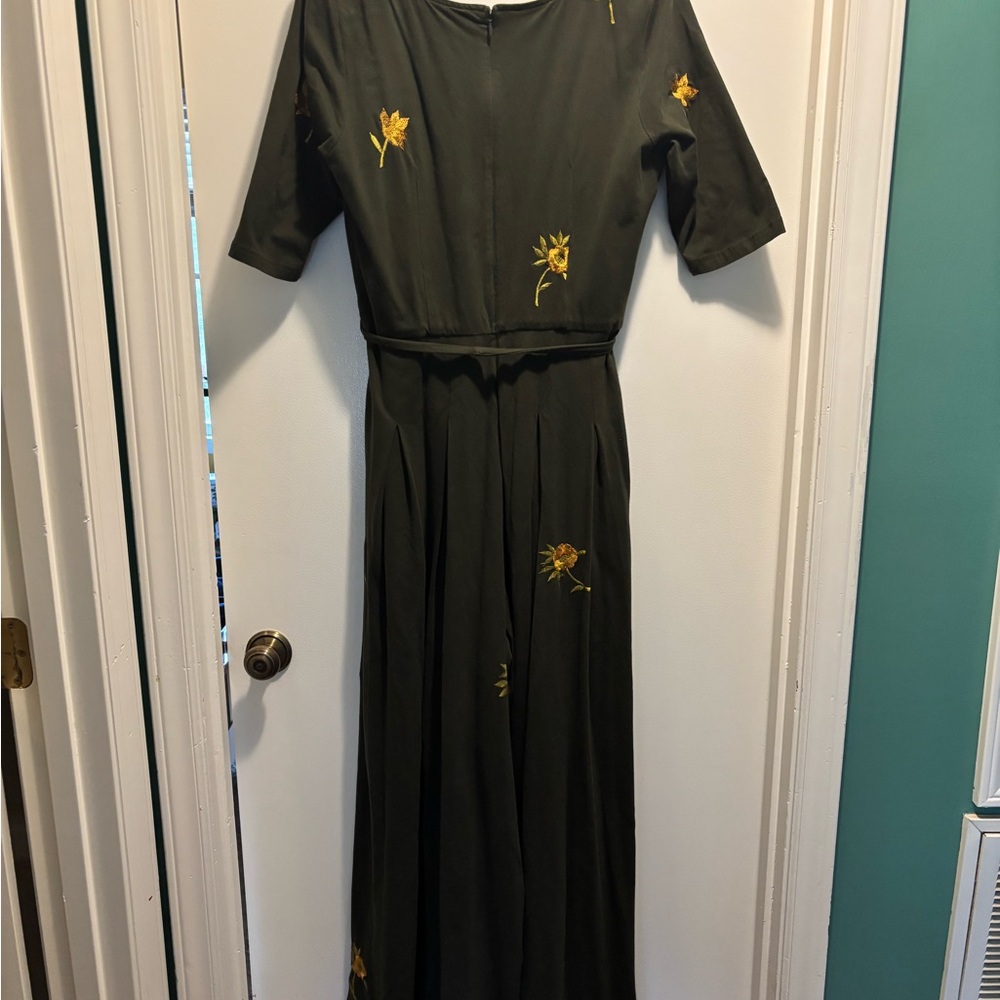 Beautiful Dark Green Jumpsuit with Yellow Floral Embroidery - Picture 5 of 6
